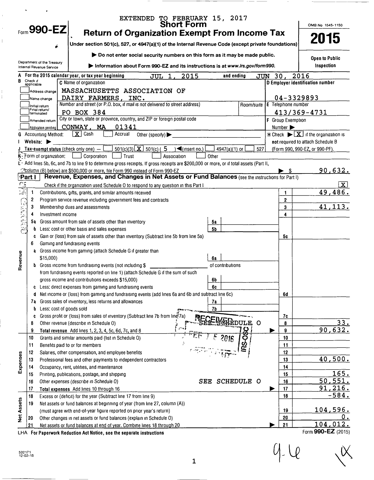 Image of first page of 2015 Form 990EO for Massachusetts Association of Dairy Farmers