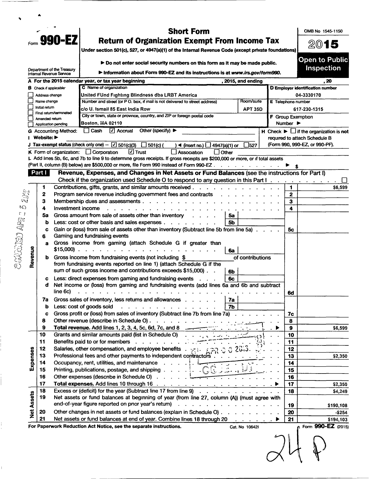 Image of first page of 2015 Form 990EZ for United Fund Fighting Blindness