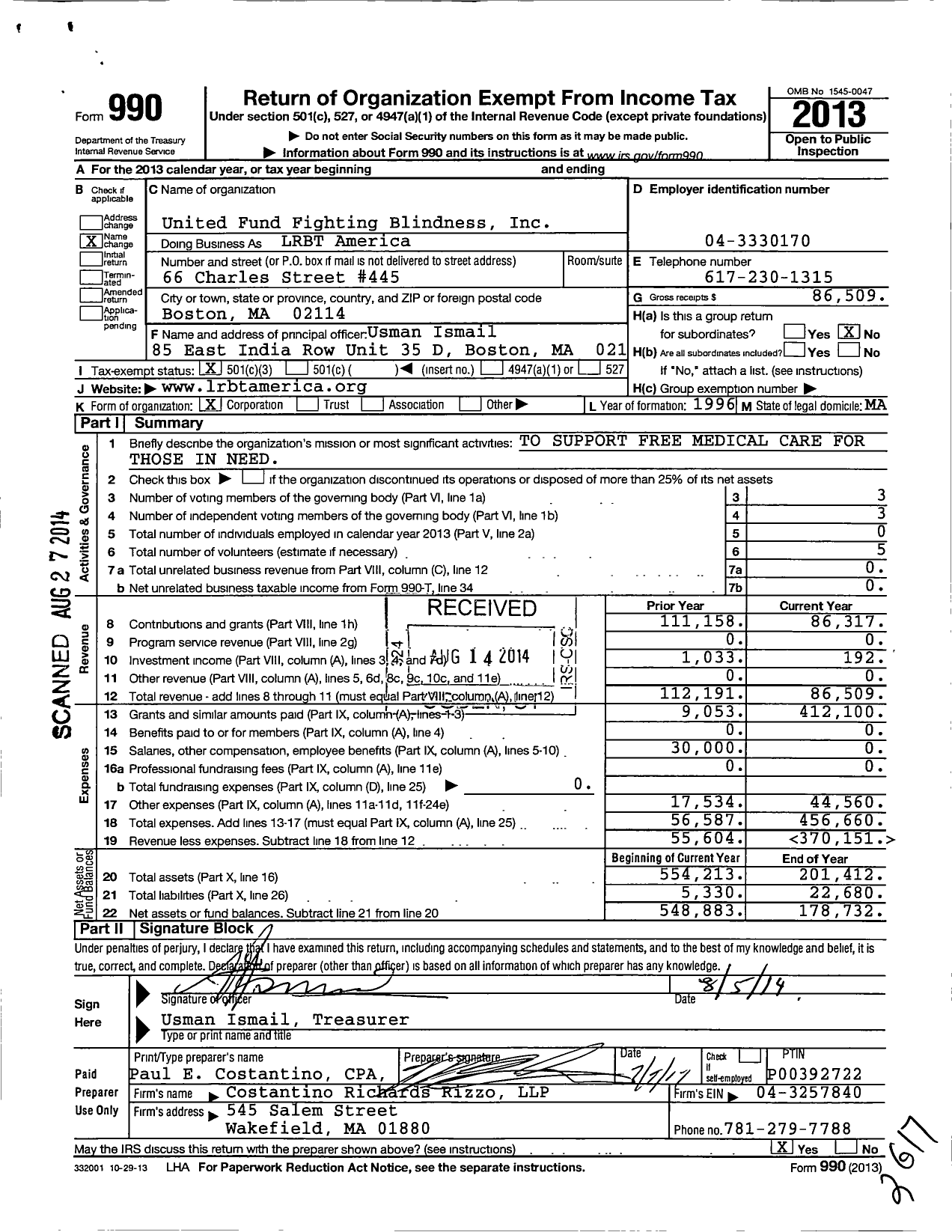 Image of first page of 2013 Form 990 for United Fund Fighting Blindness