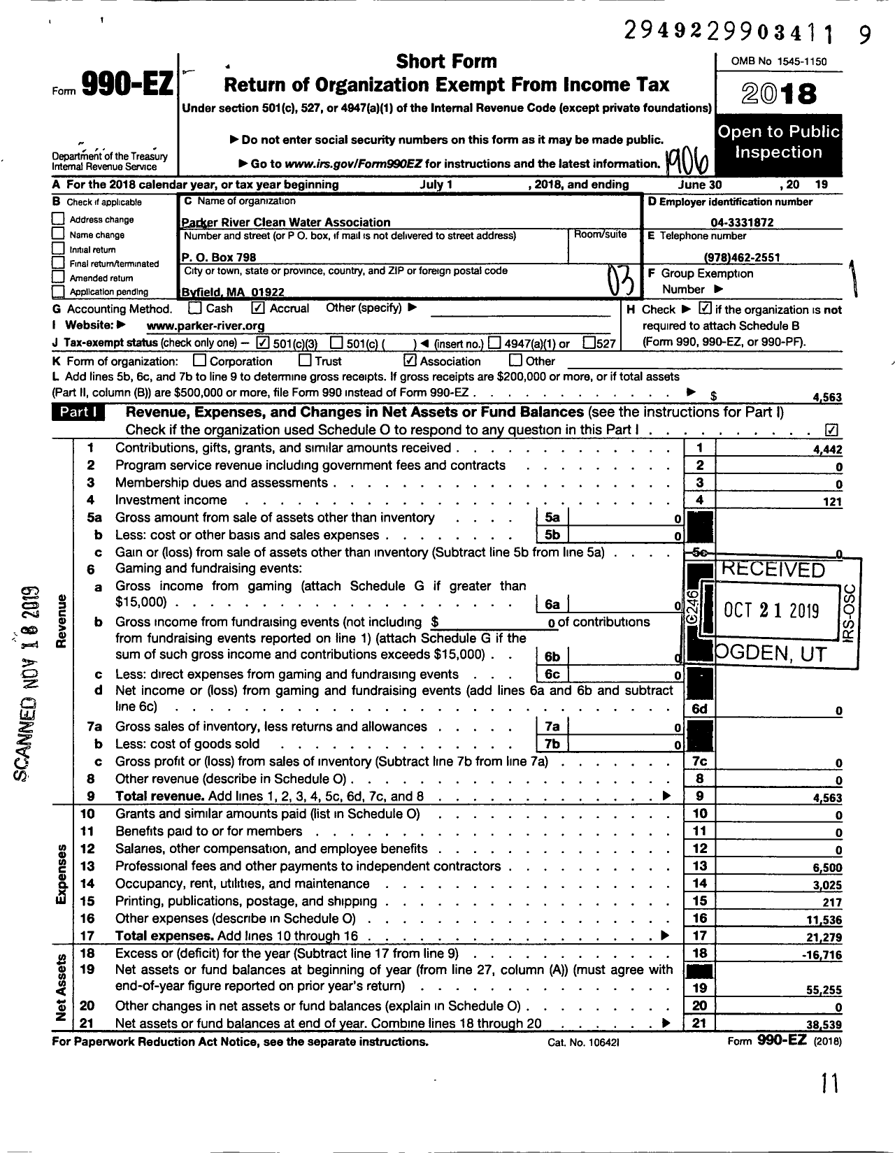 Image of first page of 2018 Form 990EZ for Parker River Clean Water Association