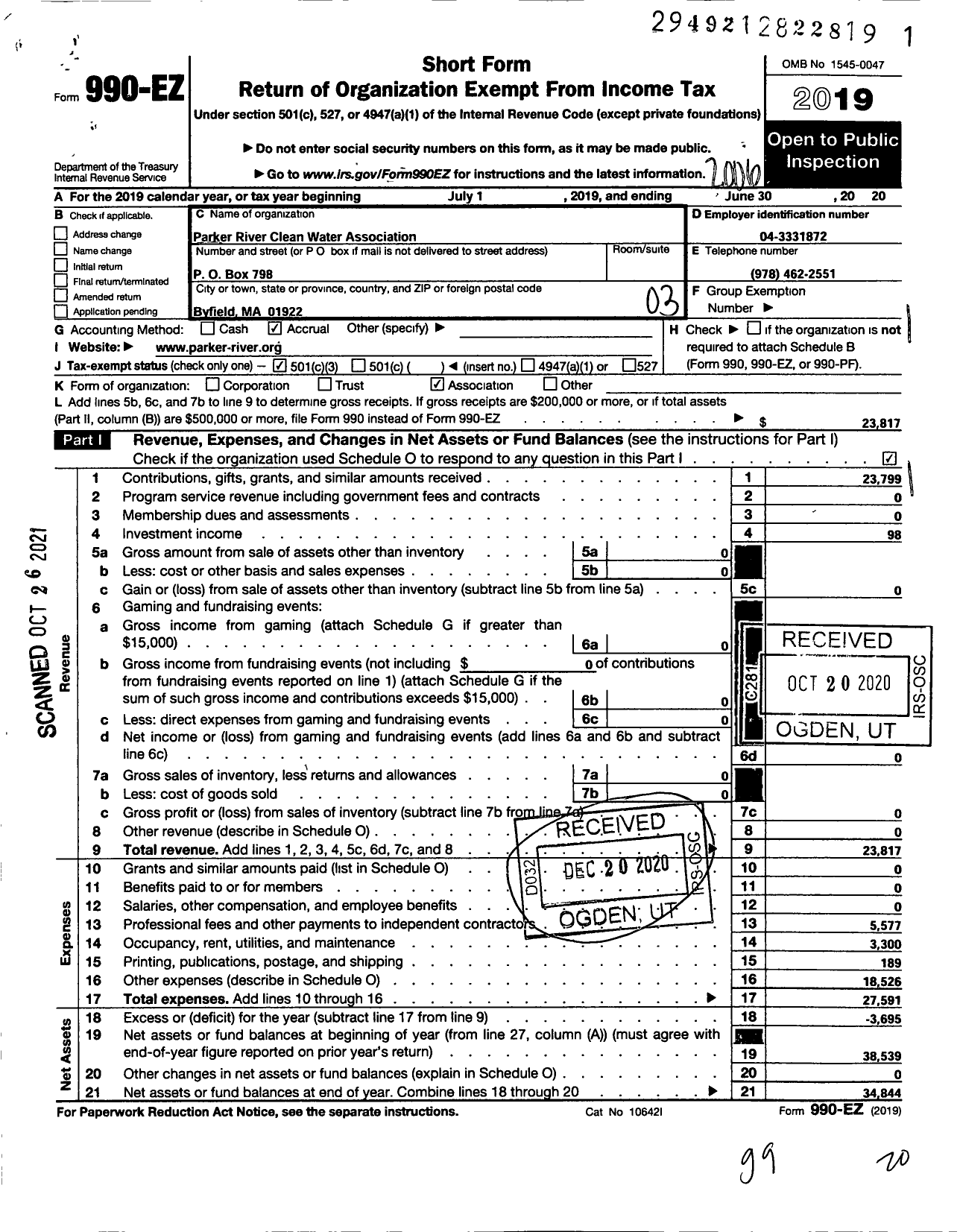 Image of first page of 2019 Form 990EZ for Parker River Clean Water Association