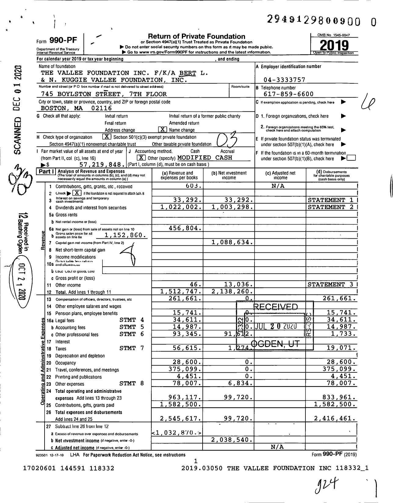 Image of first page of 2019 Form 990PF for The Vallee Foundation