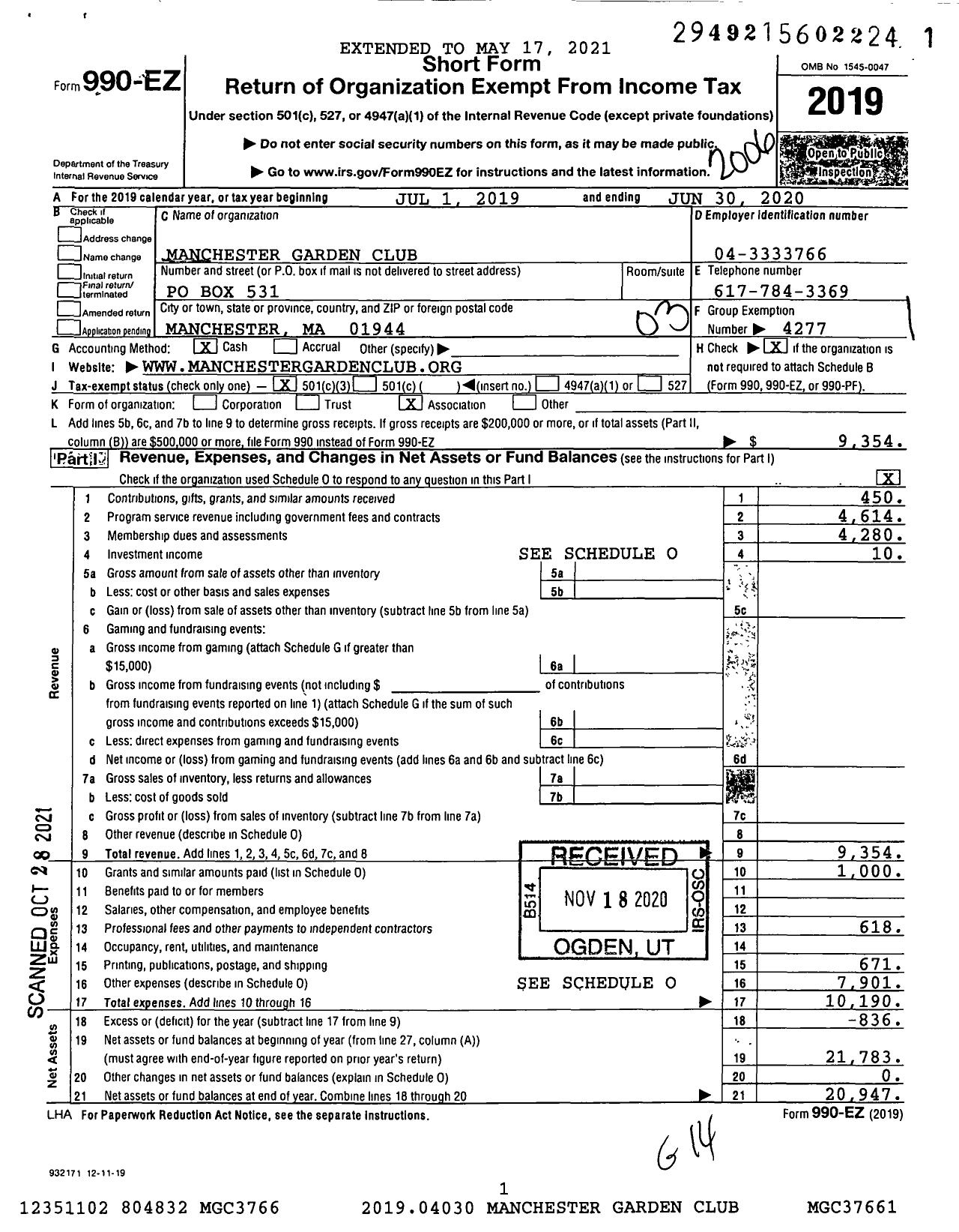 Image of first page of 2019 Form 990EZ for Manchester Garden Club