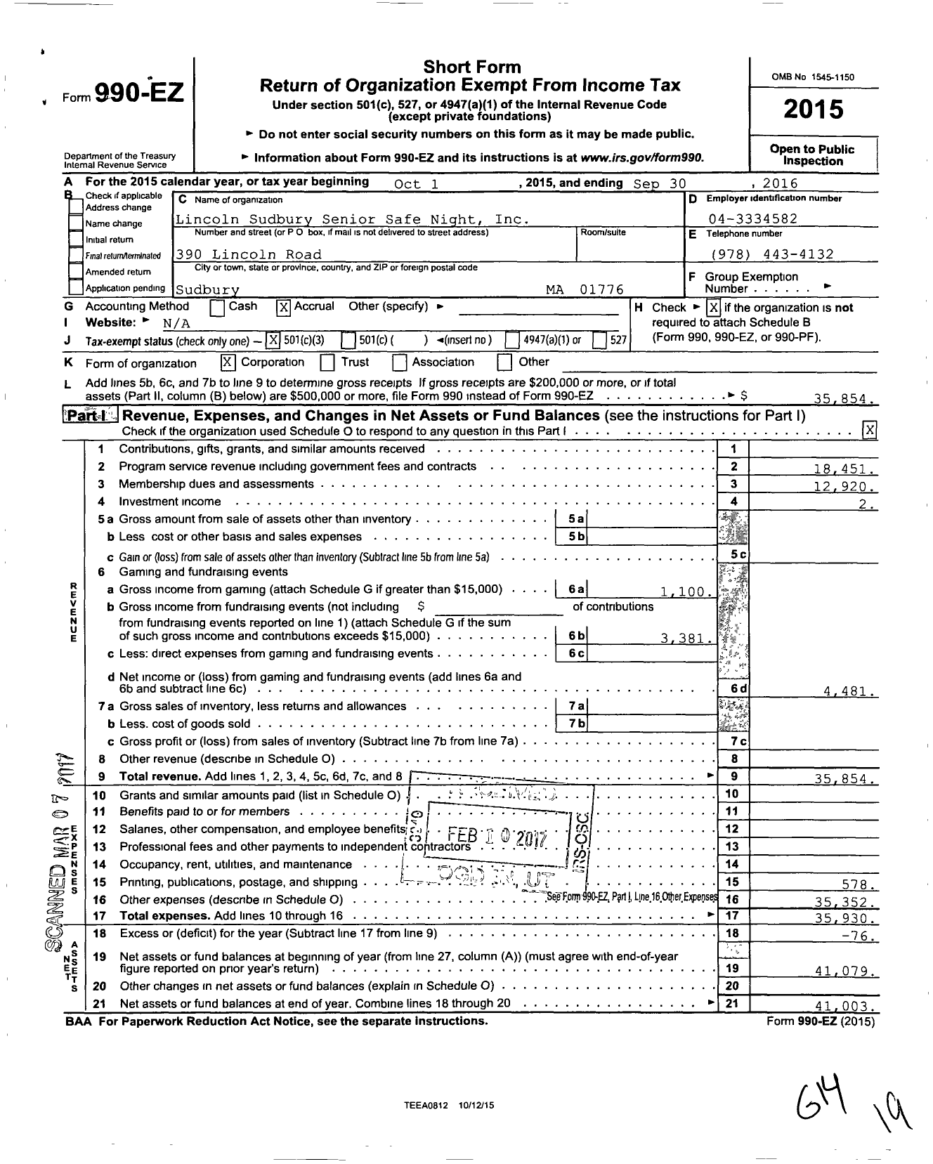 Image of first page of 2015 Form 990EZ for Lincoln Sudbury Senior Safe Night