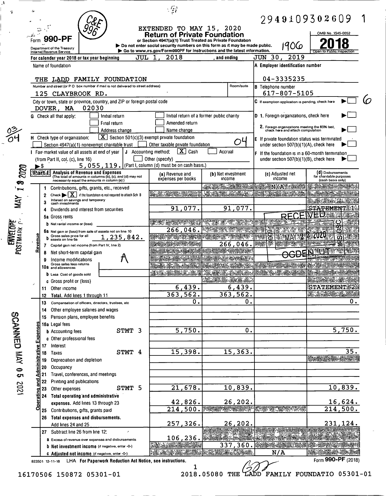 Image of first page of 2018 Form 990PF for The Ladd Family Foundation