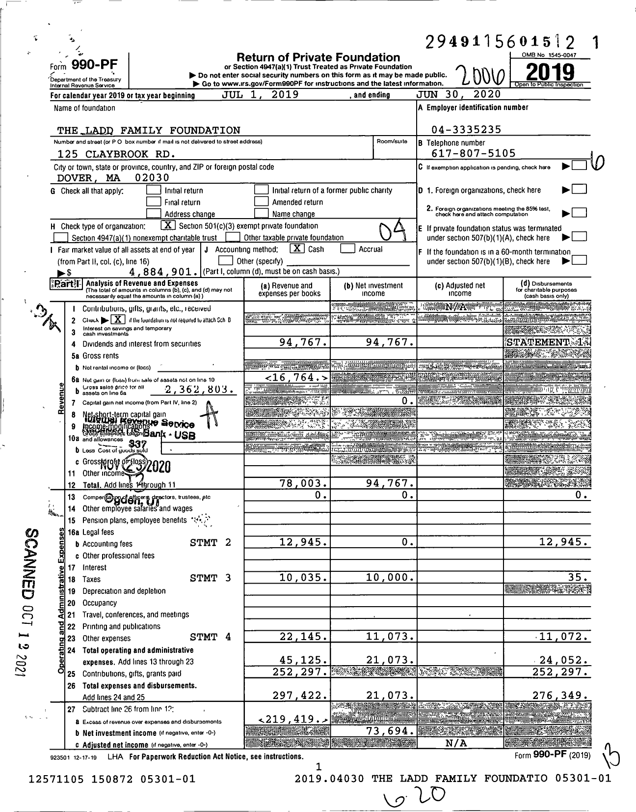 Image of first page of 2019 Form 990PF for The Ladd Family Foundation