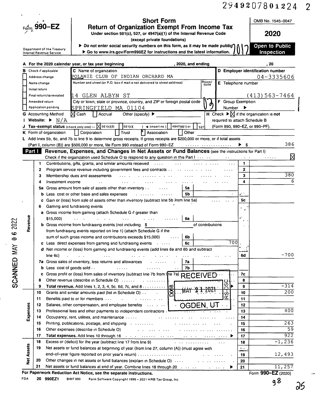 Image of first page of 2020 Form 990EZ for Polanie Club of Indian Orchard Ma