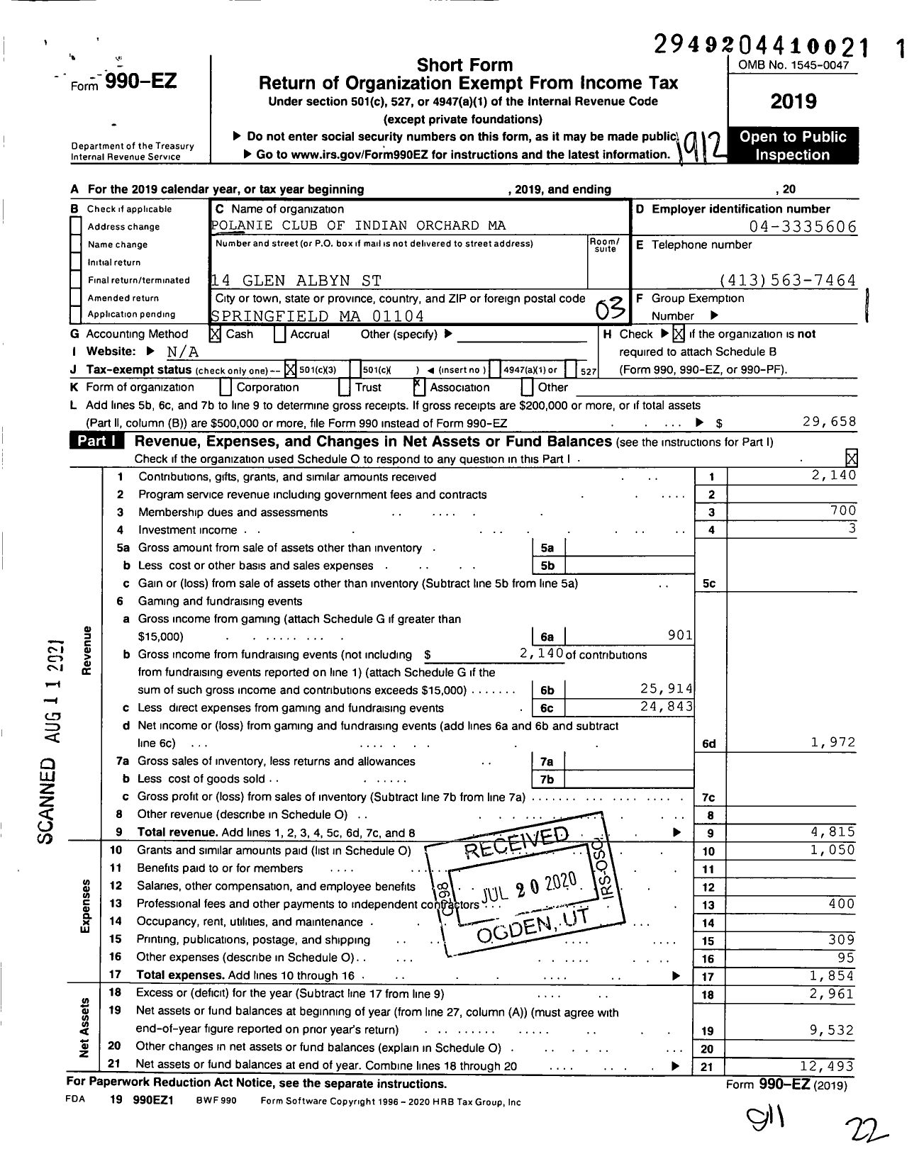 Image of first page of 2019 Form 990EZ for Polanie Club of Indian Orchard Ma