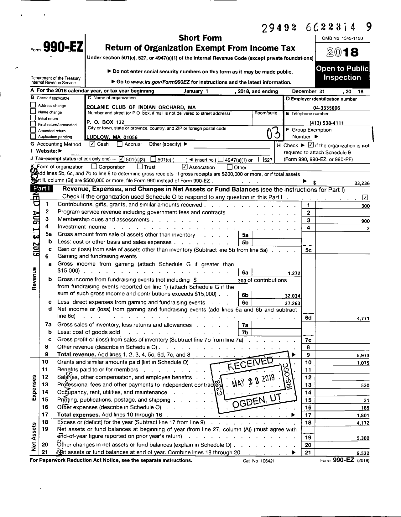 Image of first page of 2018 Form 990EZ for Polanie Club of Indian Orchard Ma