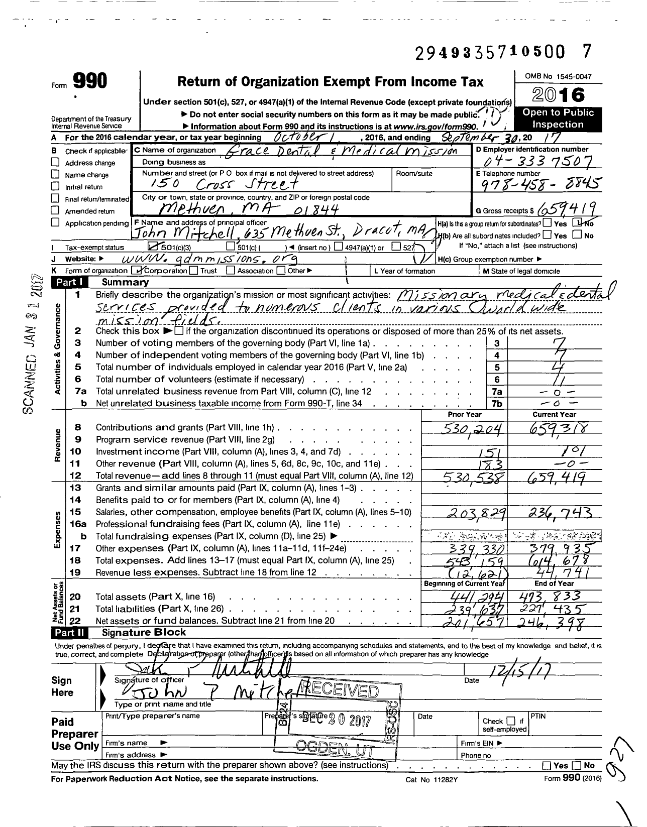 Image of first page of 2016 Form 990 for Grace Dental and Medical Missions