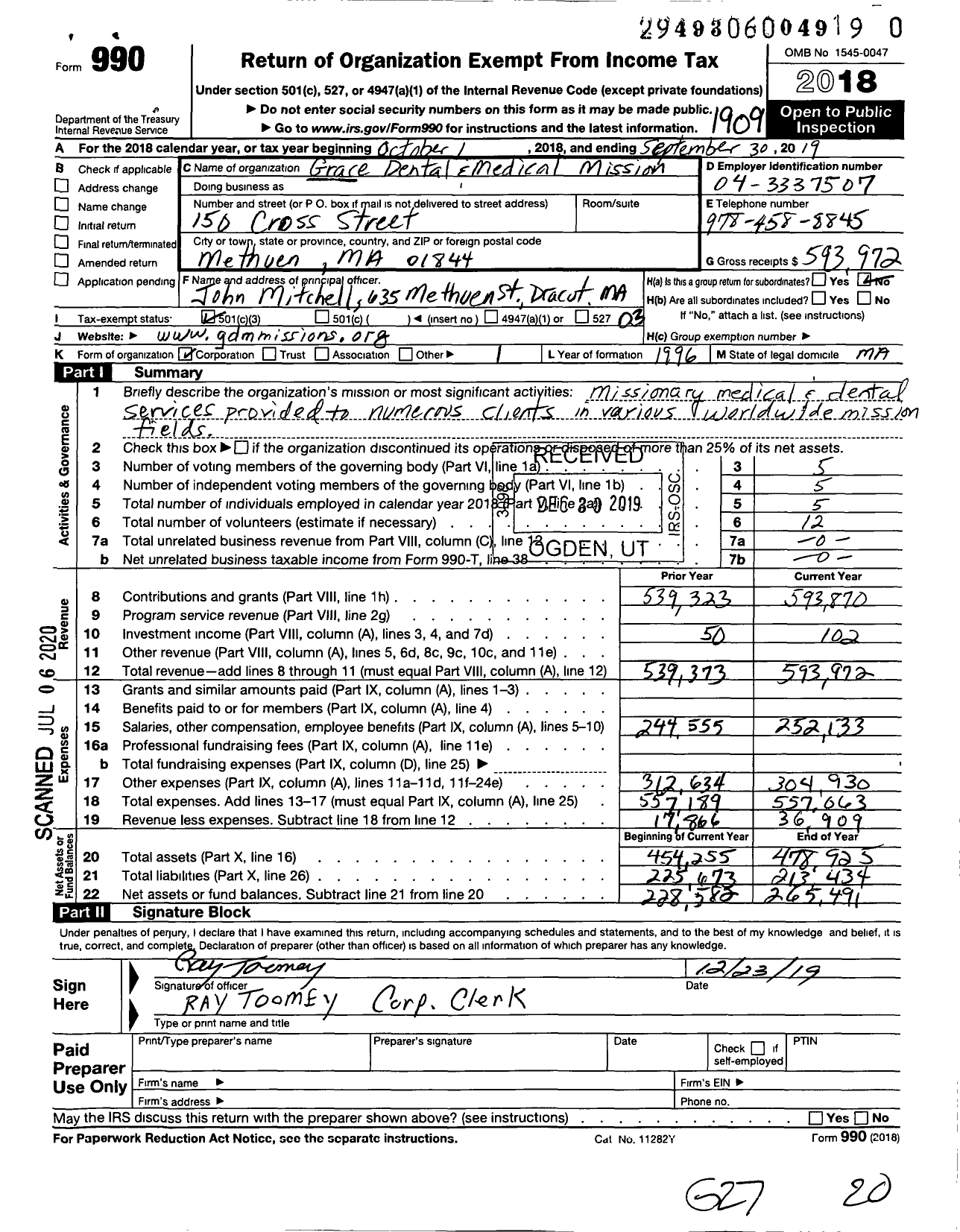 Image of first page of 2018 Form 990 for Grace Dental and Medical Missions