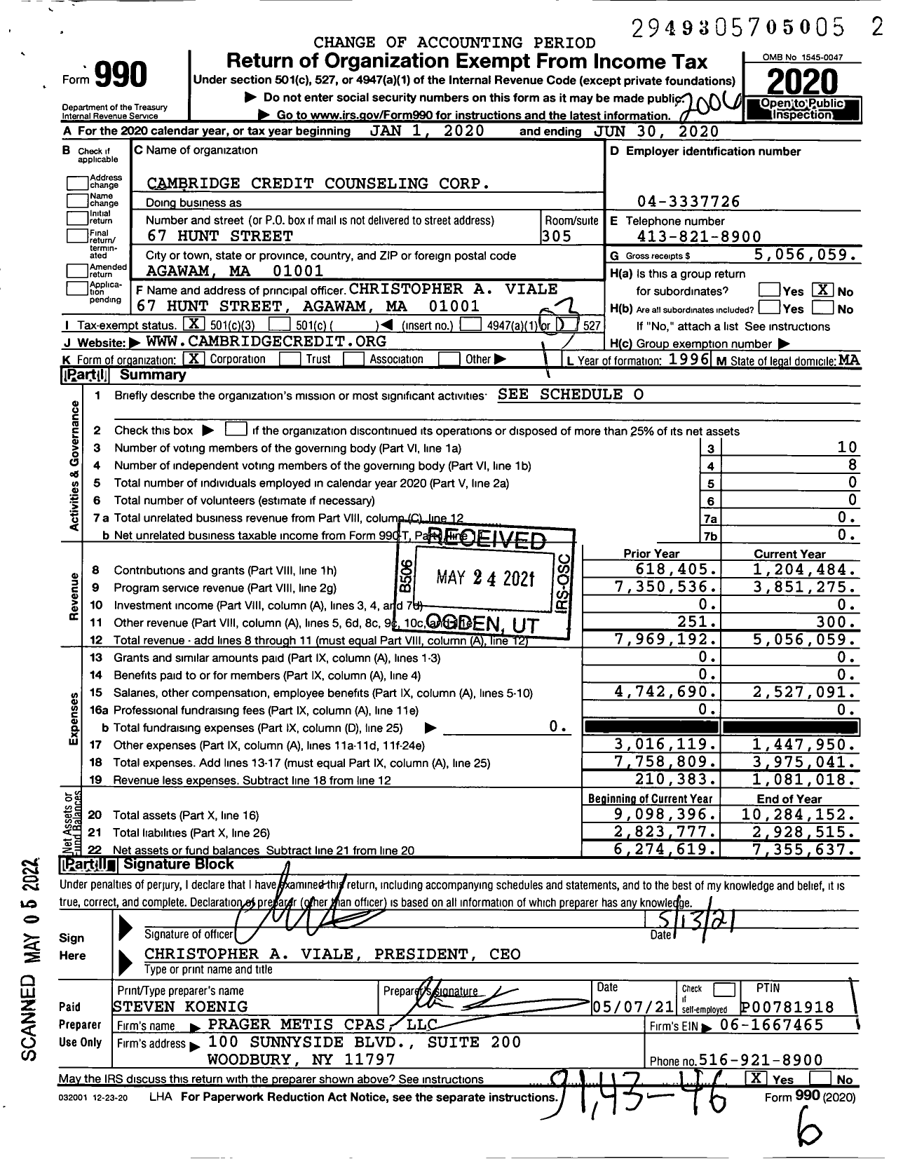 Image of first page of 2019 Form 990 for Cambridge Credit Counseling Corporation
