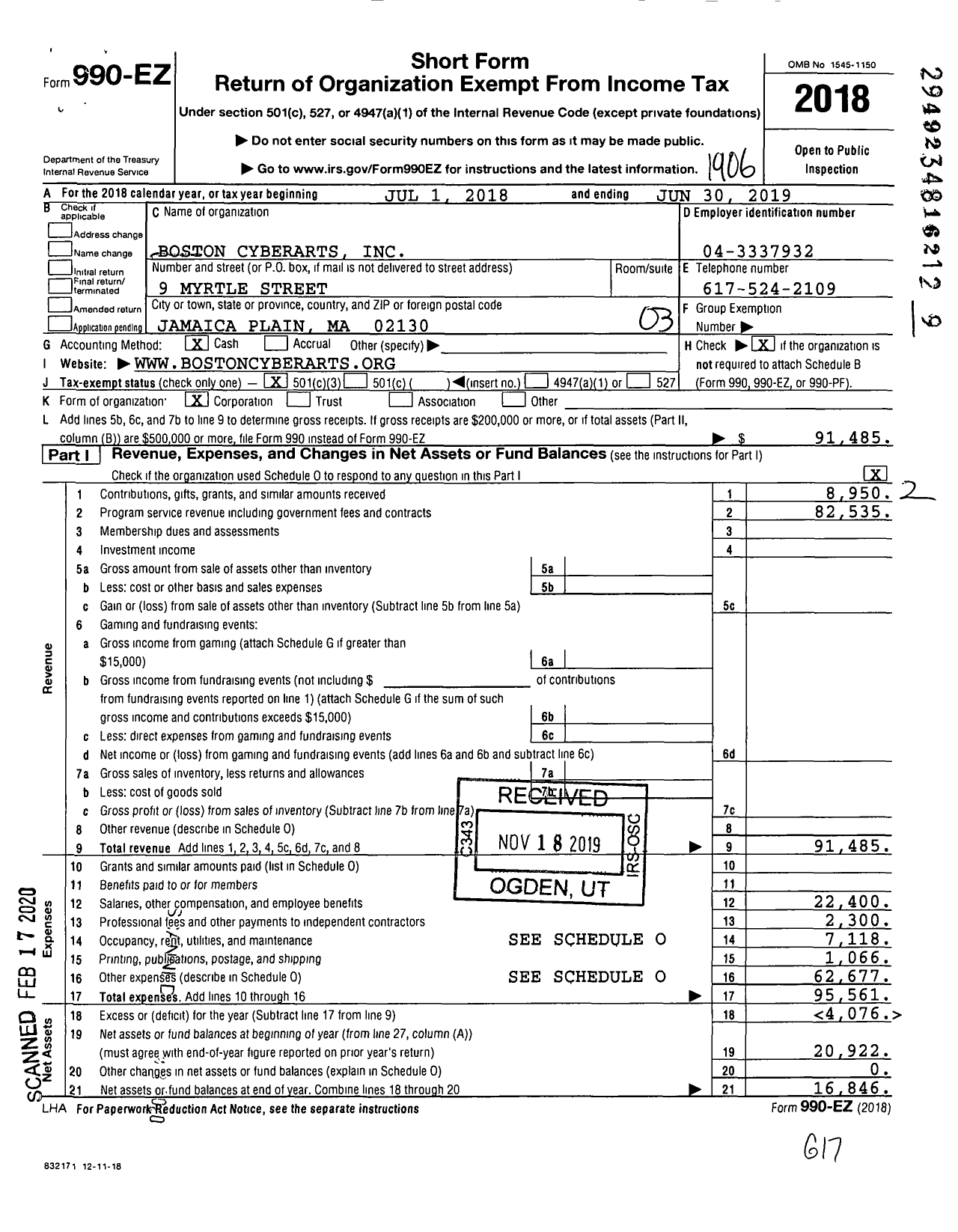 Image of first page of 2018 Form 990EZ for Boston Cyberarts