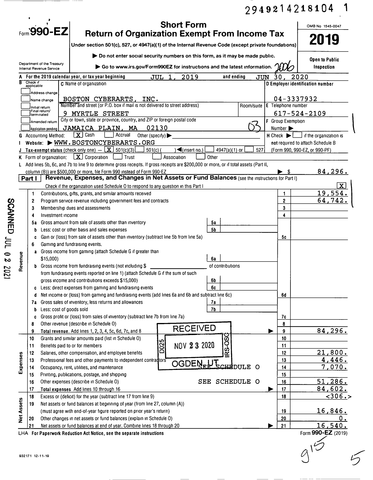 Image of first page of 2019 Form 990EZ for Boston Cyberarts