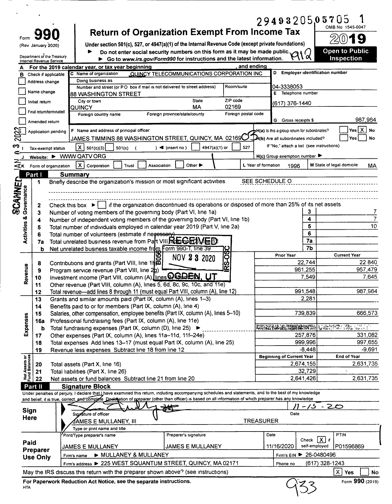 Image of first page of 2019 Form 990 for Quincy Telecommunications Corporation