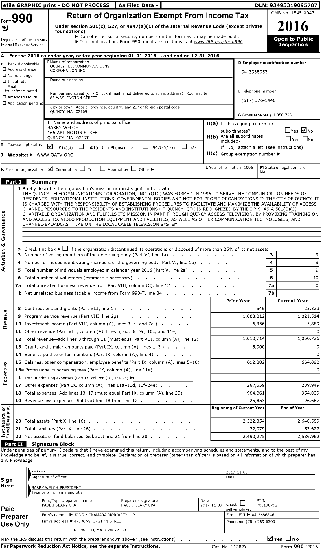 Image of first page of 2016 Form 990 for Quincy Telecommunications Corporation