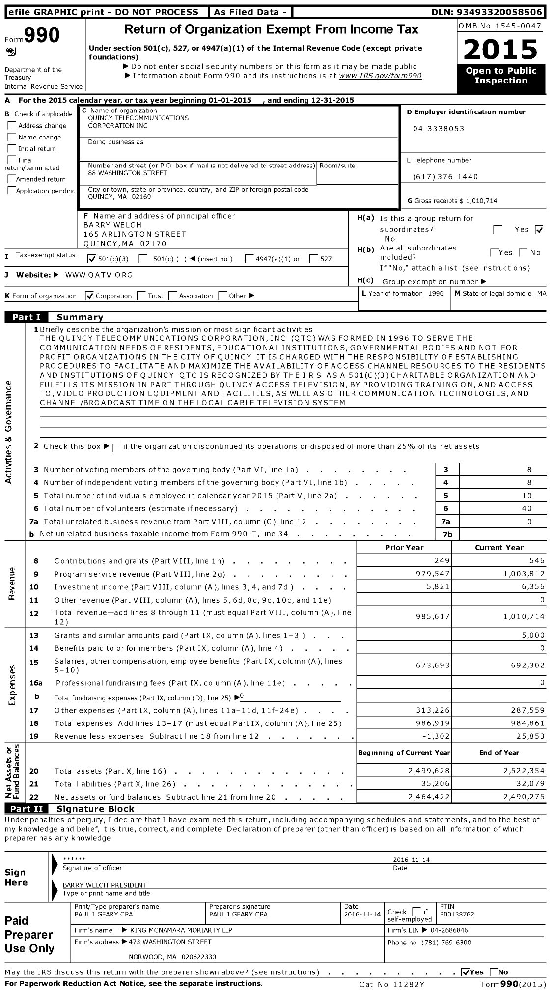 Image of first page of 2015 Form 990 for Quincy Telecommunications Corporation