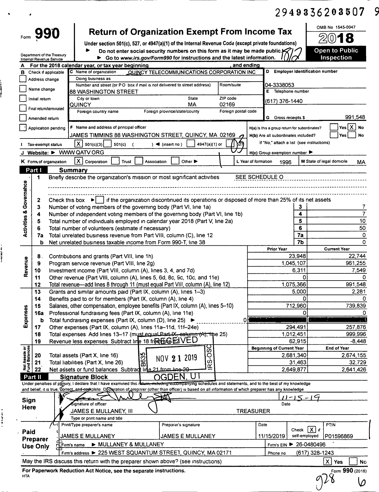 Image of first page of 2018 Form 990 for Quincy Telecommunications Corporation