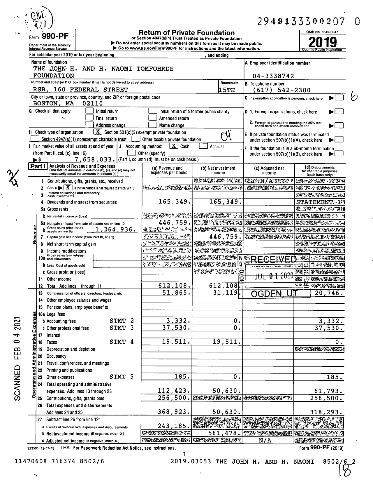 Image of first page of 2019 Form 990PF for The John H and H Naomi Tomfohrde Foundation