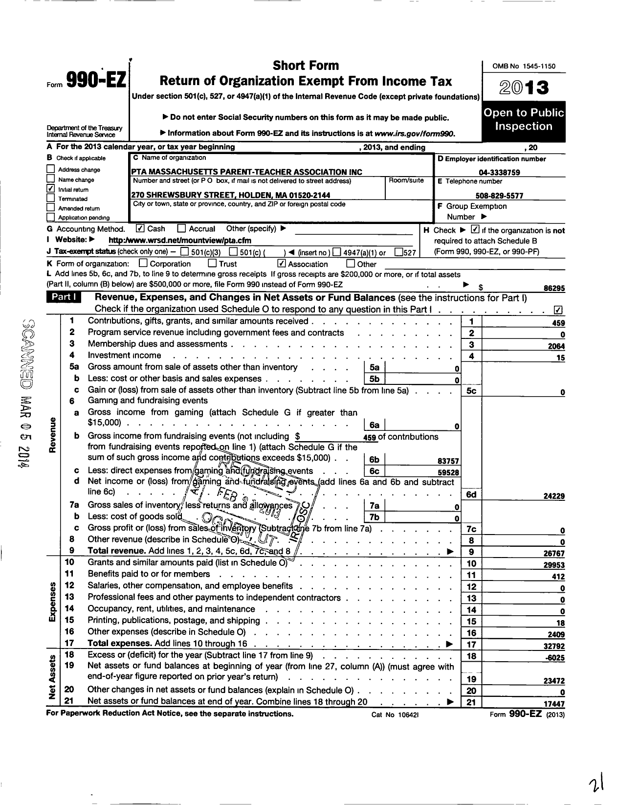 Image of first page of 2013 Form 990EO for PTA Massachusetts Parent-Teacher Association / Mountview Middle School PTA