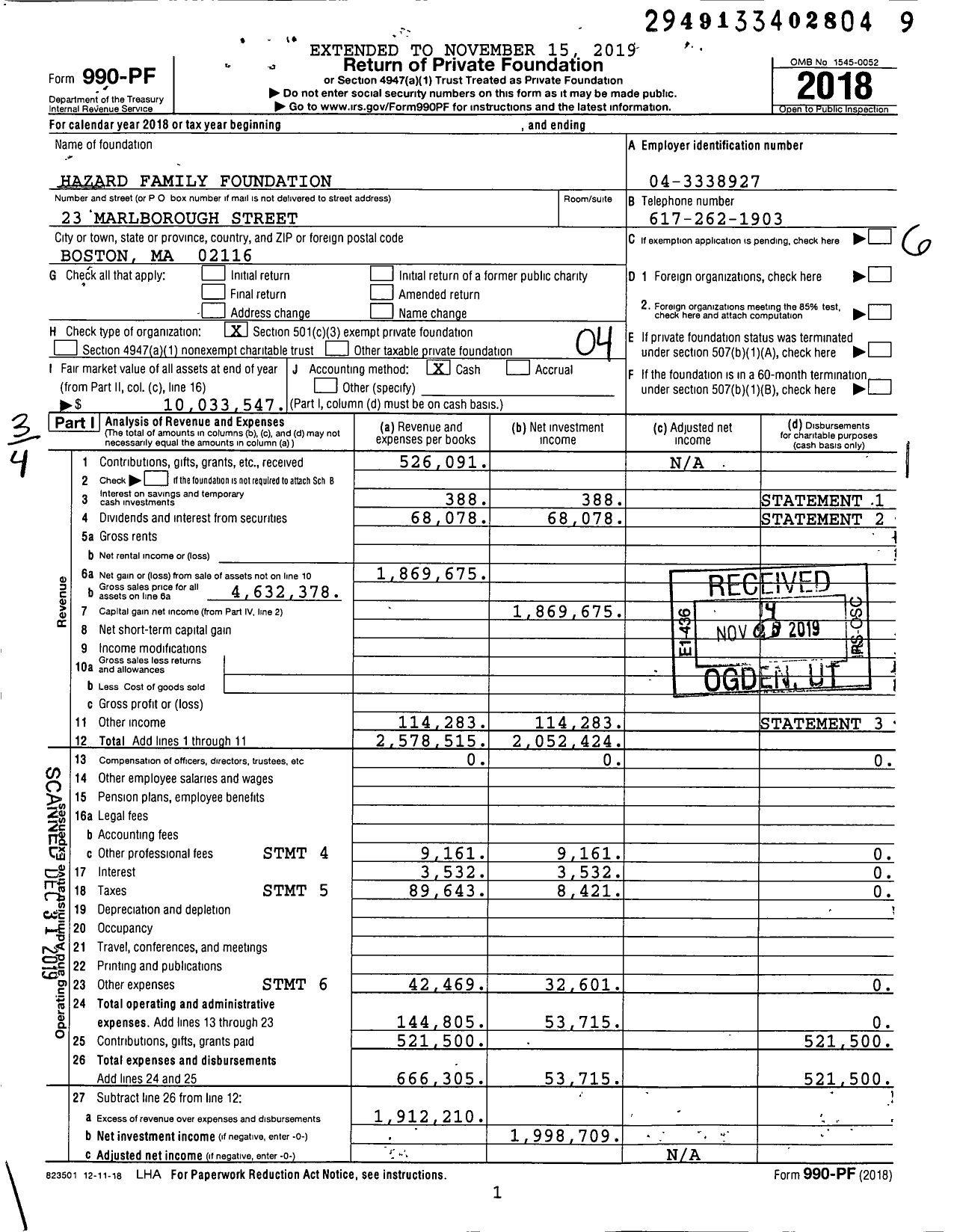 Image of first page of 2018 Form 990PF for Hazard Family Foundation