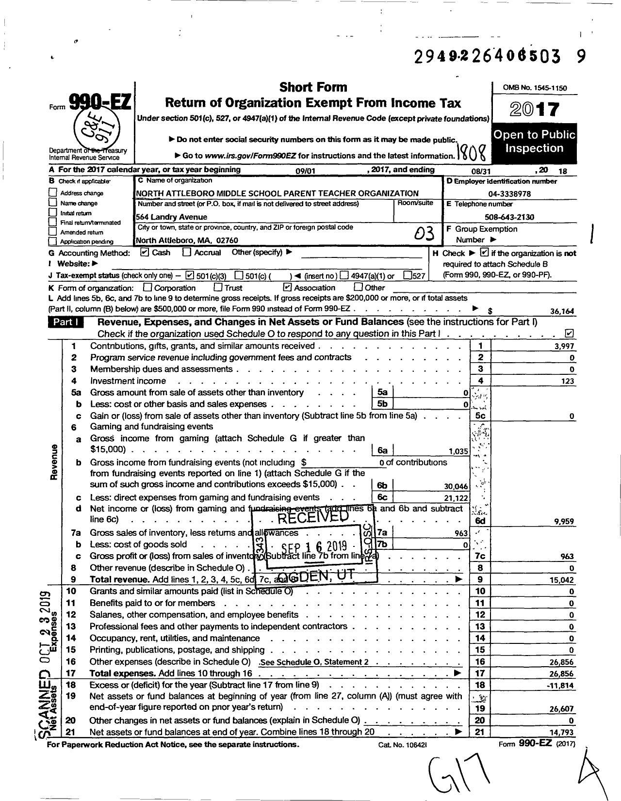 Image of first page of 2017 Form 990EZ for North Attleboro Middle School Pto