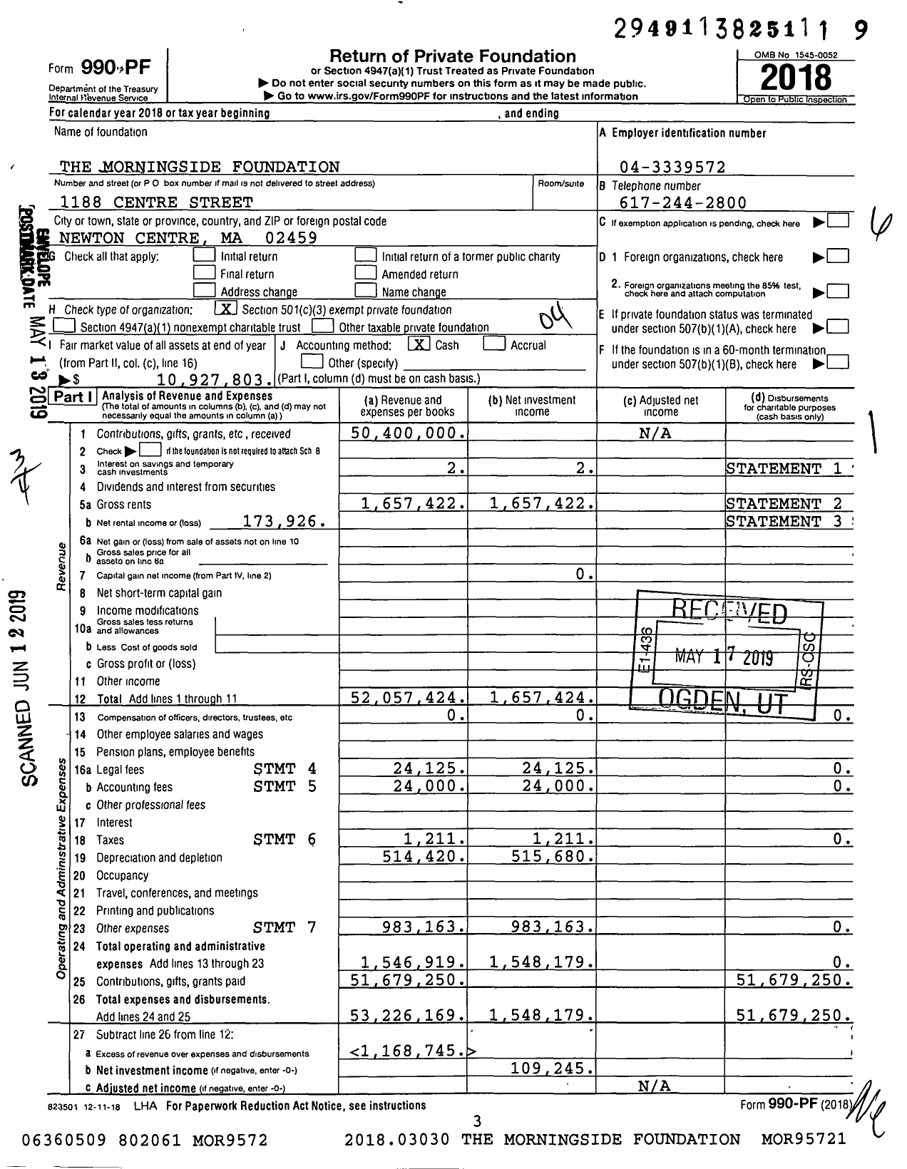 Image of first page of 2018 Form 990PF for The Morningside Foundation