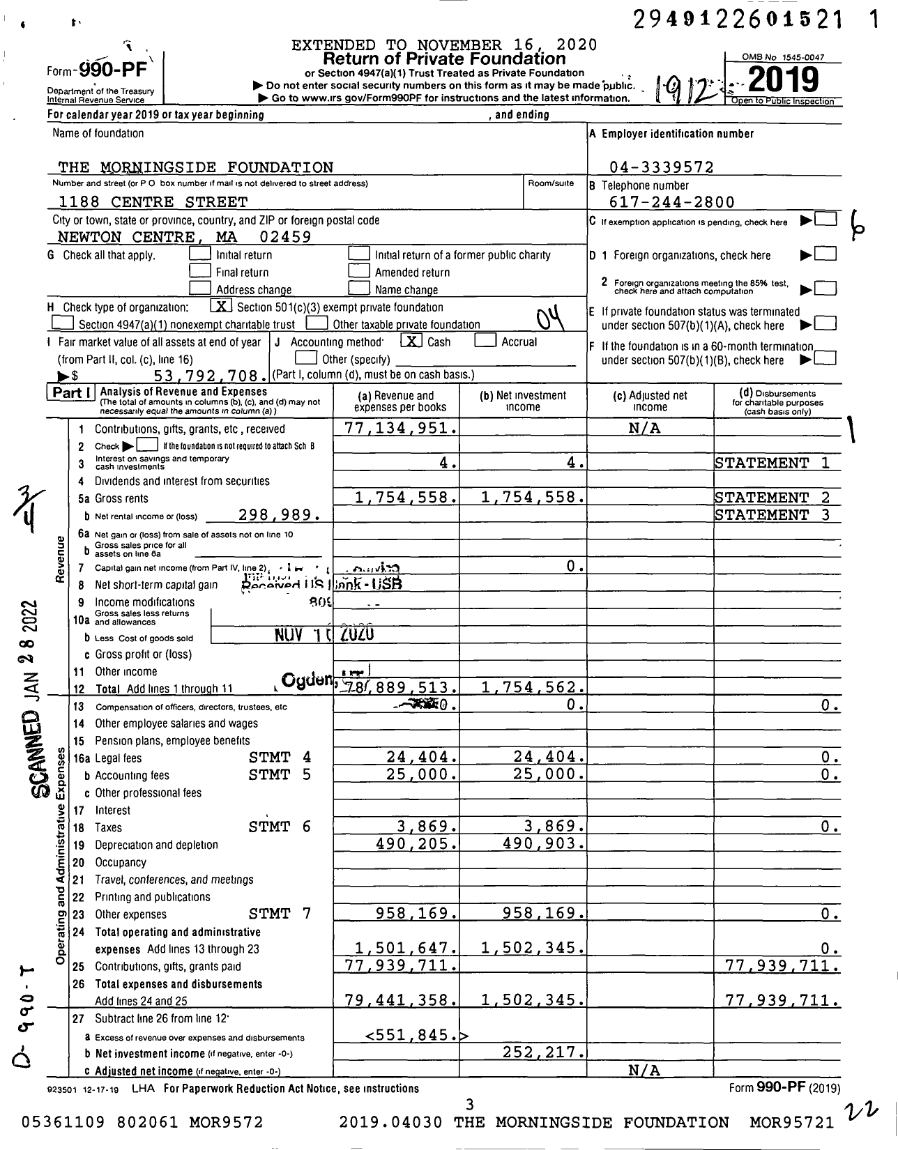 Image of first page of 2019 Form 990PF for The Morningside Foundation
