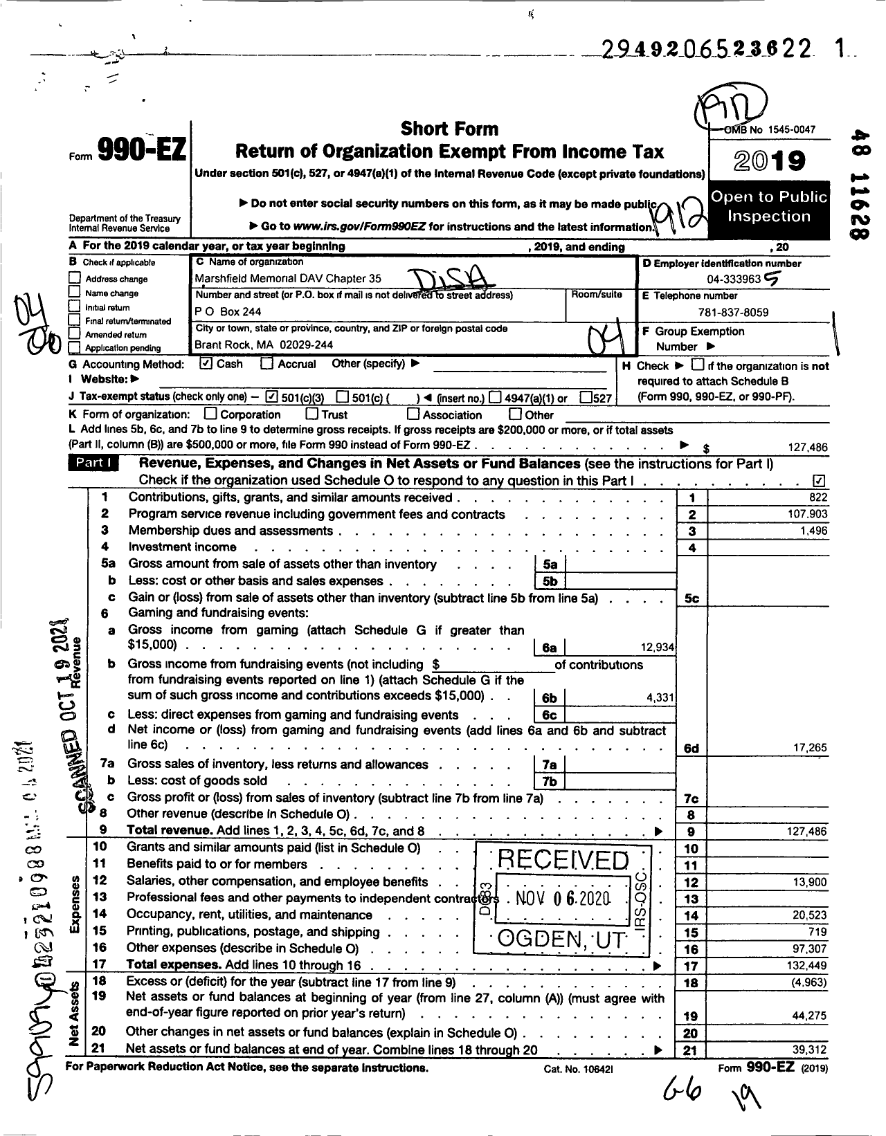 Image of first page of 2019 Form 990EO for DISABLED AMERICAN VETERANS - 35 Marshfield Memorial