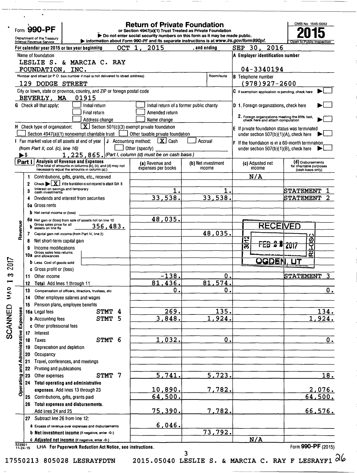 Image of first page of 2015 Form 990PF for Leslie S and Marcia C Ray Foundation