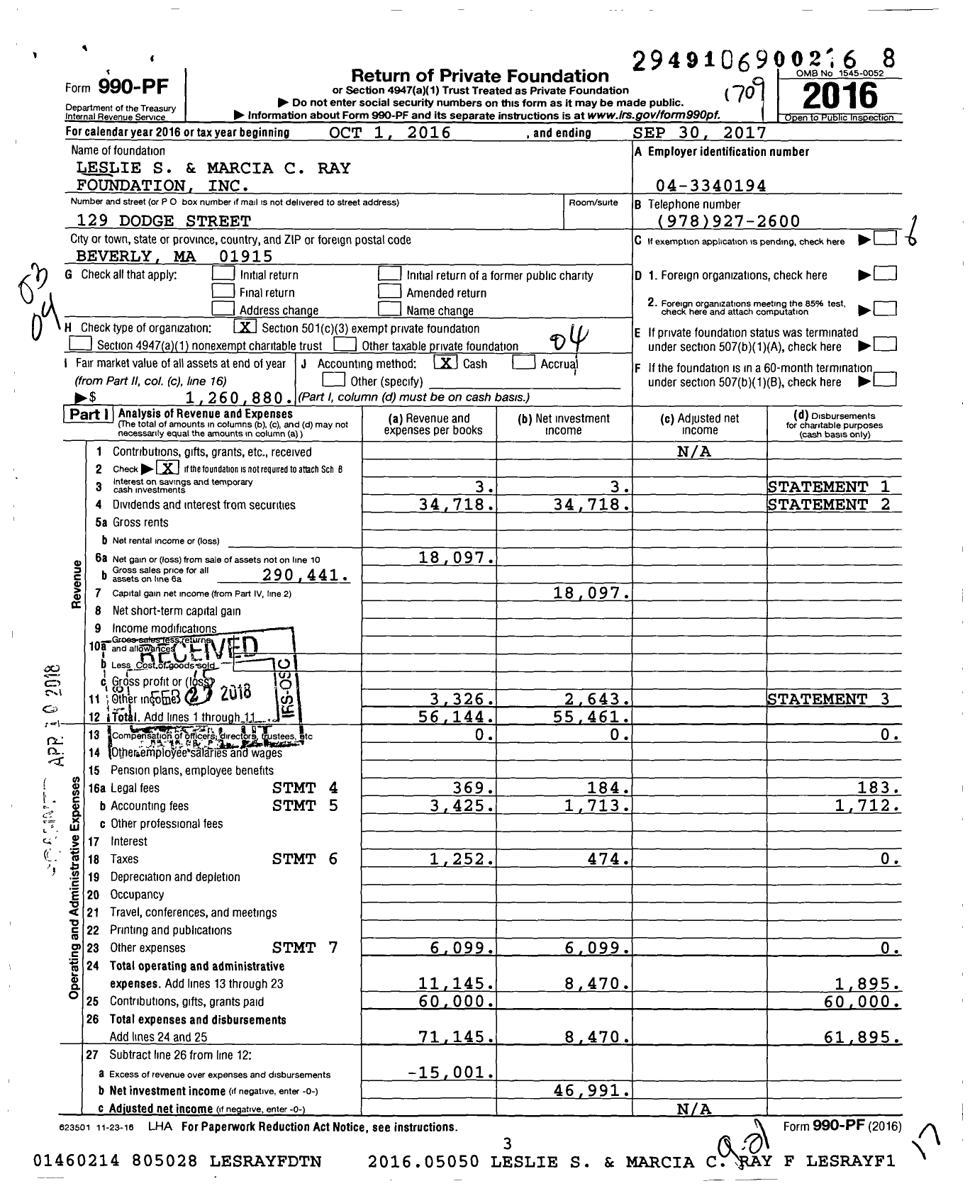 Image of first page of 2016 Form 990PF for Leslie S and Marcia C Ray Foundation