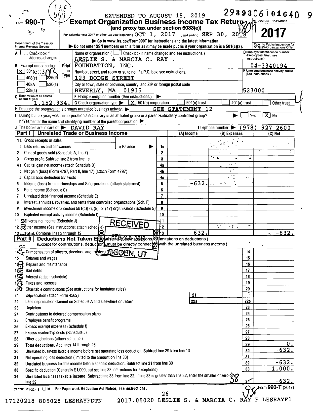 Image of first page of 2017 Form 990T for Leslie S and Marcia C Ray Foundation
