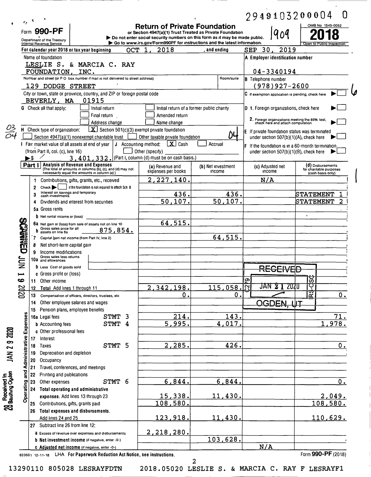 Image of first page of 2018 Form 990PR for Leslie S and Marcia C Ray Foundation