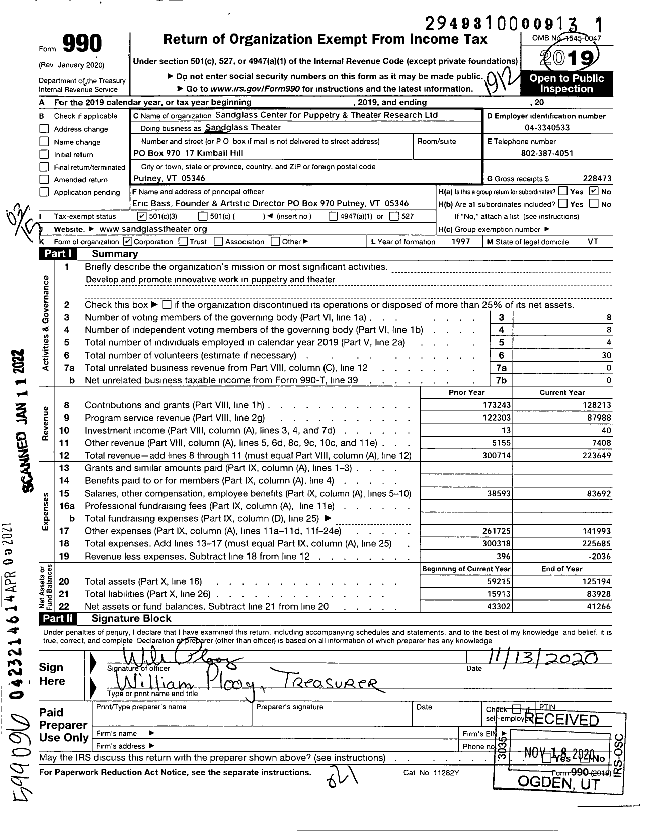 Image of first page of 2019 Form 990 for Sandglass Theater