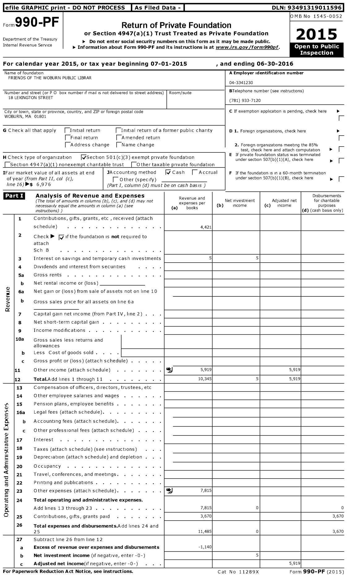 Image of first page of 2015 Form 990PF for Friends of the Woburn Public Library