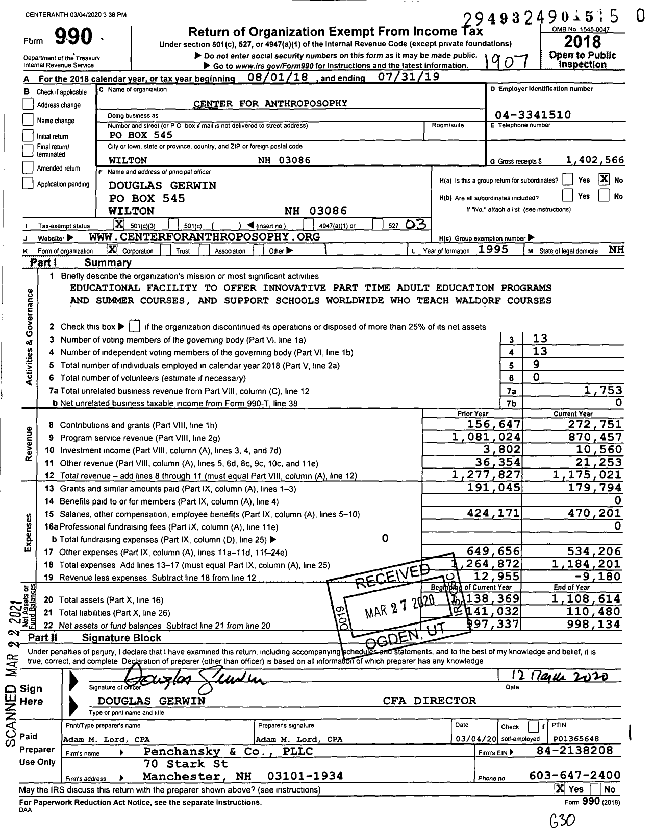 Image of first page of 2018 Form 990 for Center for Anthroposophy