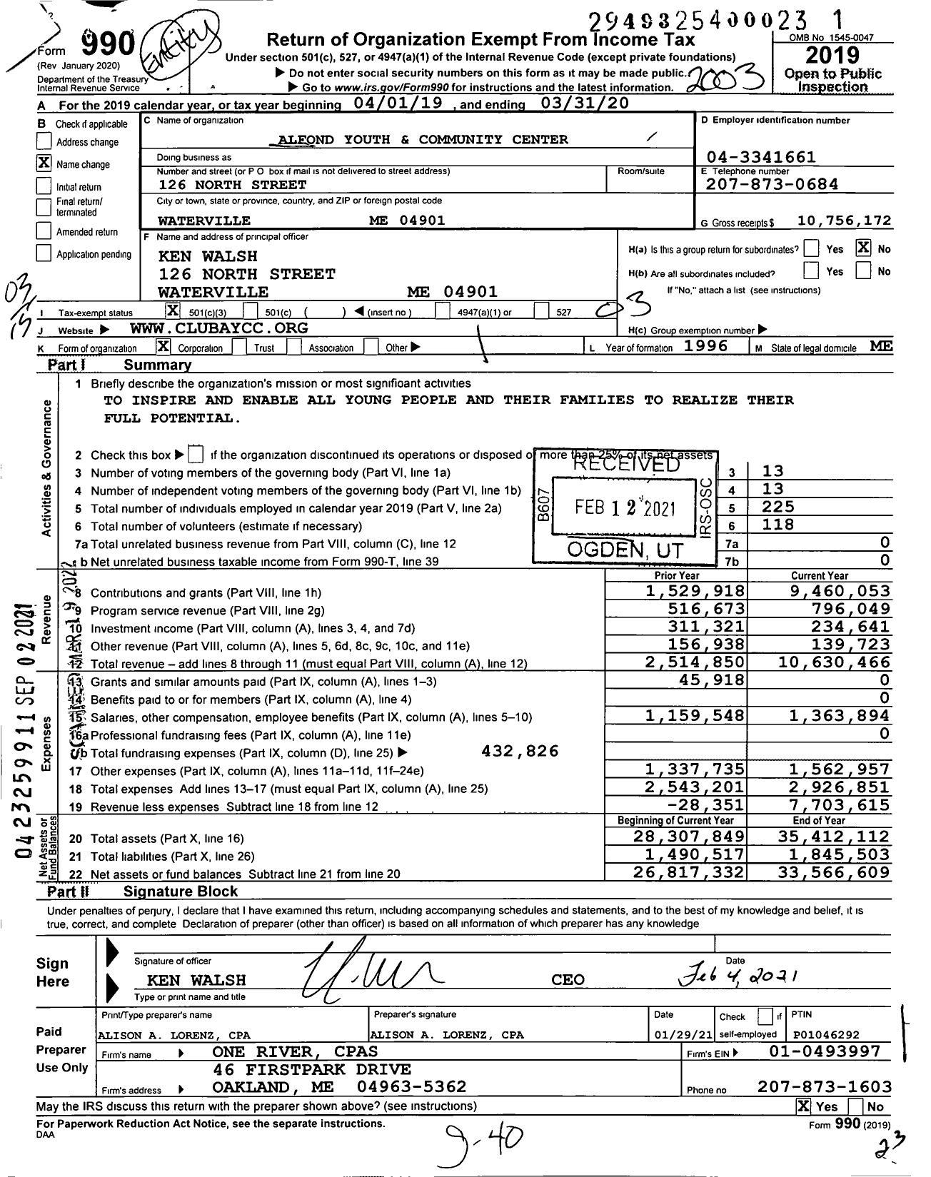 Image of first page of 2019 Form 990 for Alfond Youth and Community Center
