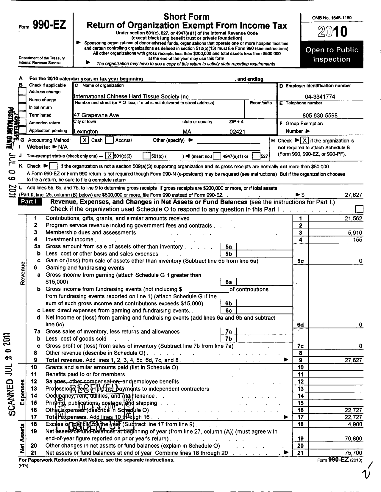 Image of first page of 2010 Form 990EZ for International Chinese Hand Tissue Society