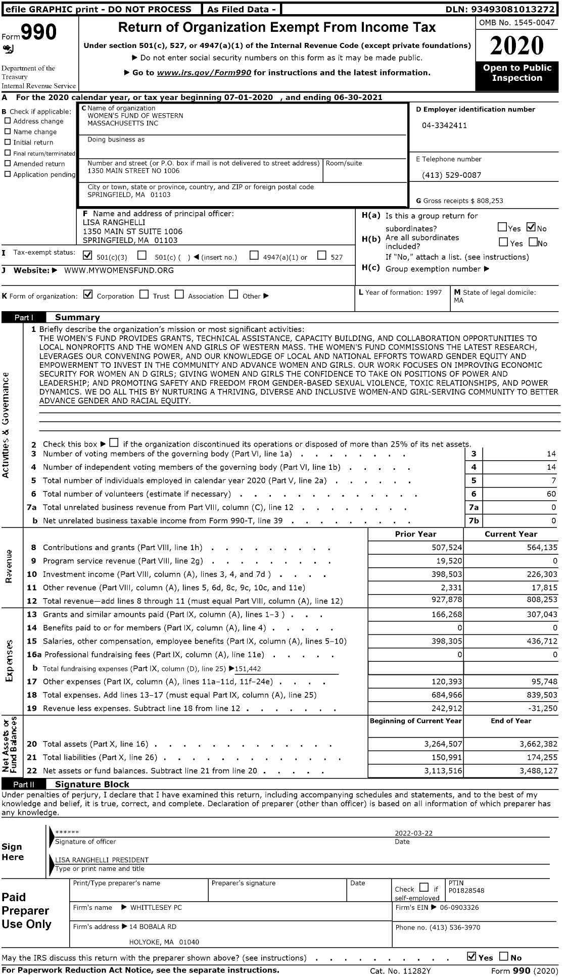 Image of first page of 2020 Form 990 for Women's Fund of Western Massachusetts