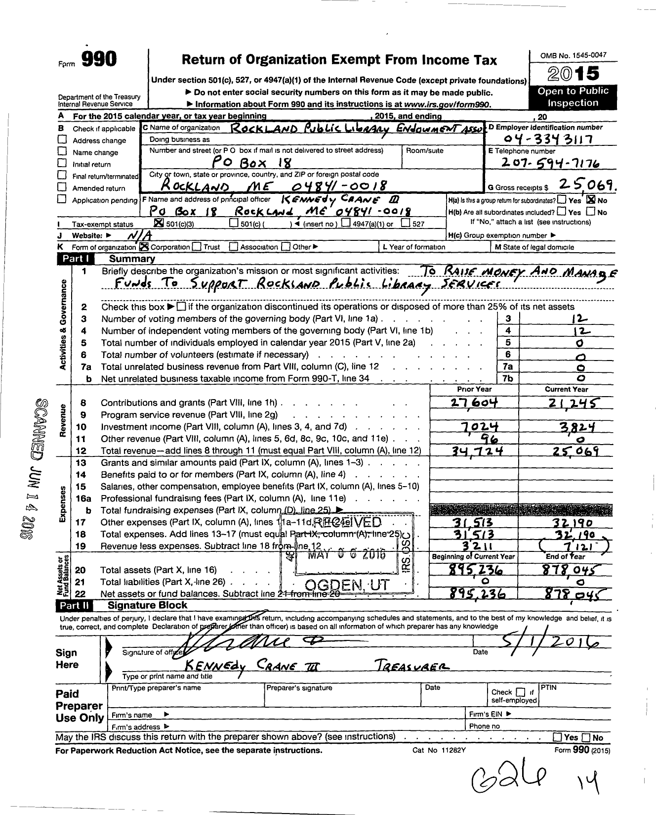 Image of first page of 2015 Form 990 for Rockland Public Library Endowment Association