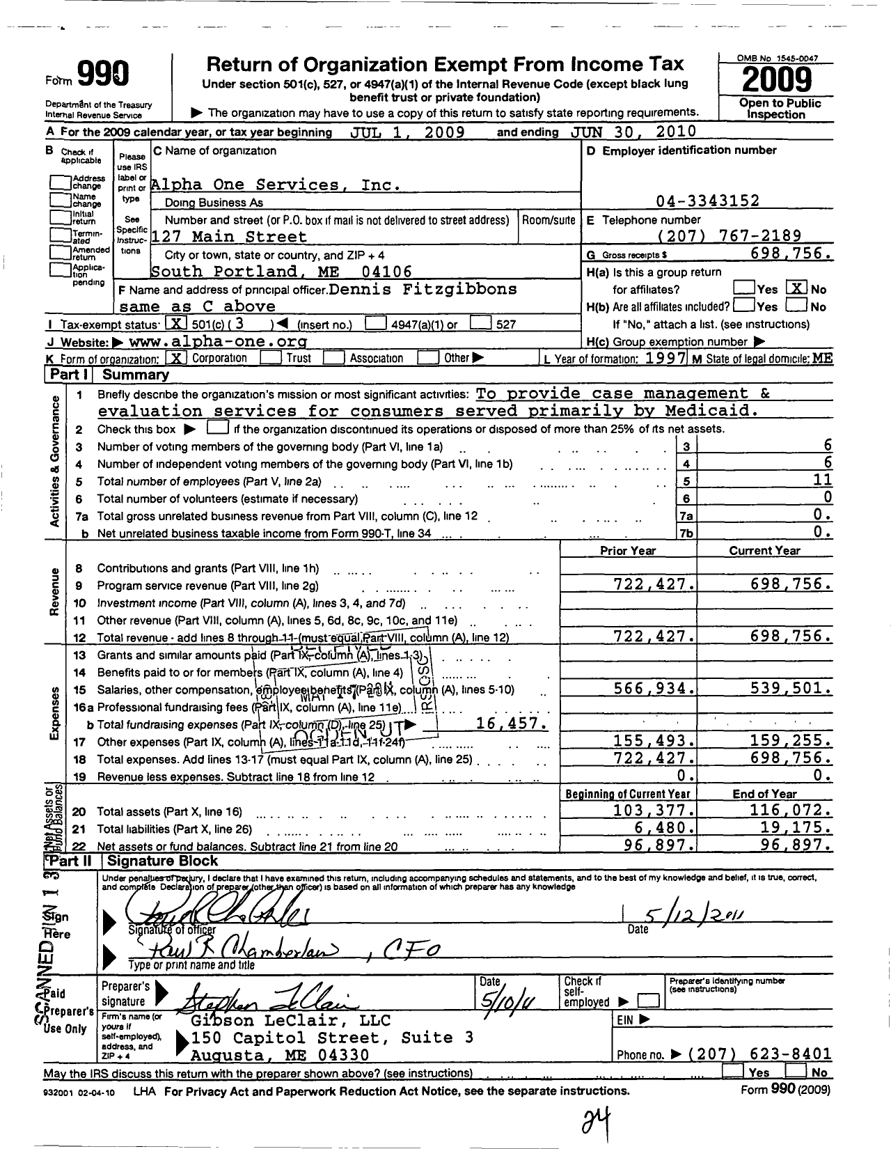 Image of first page of 2009 Form 990 for Alpha One Services