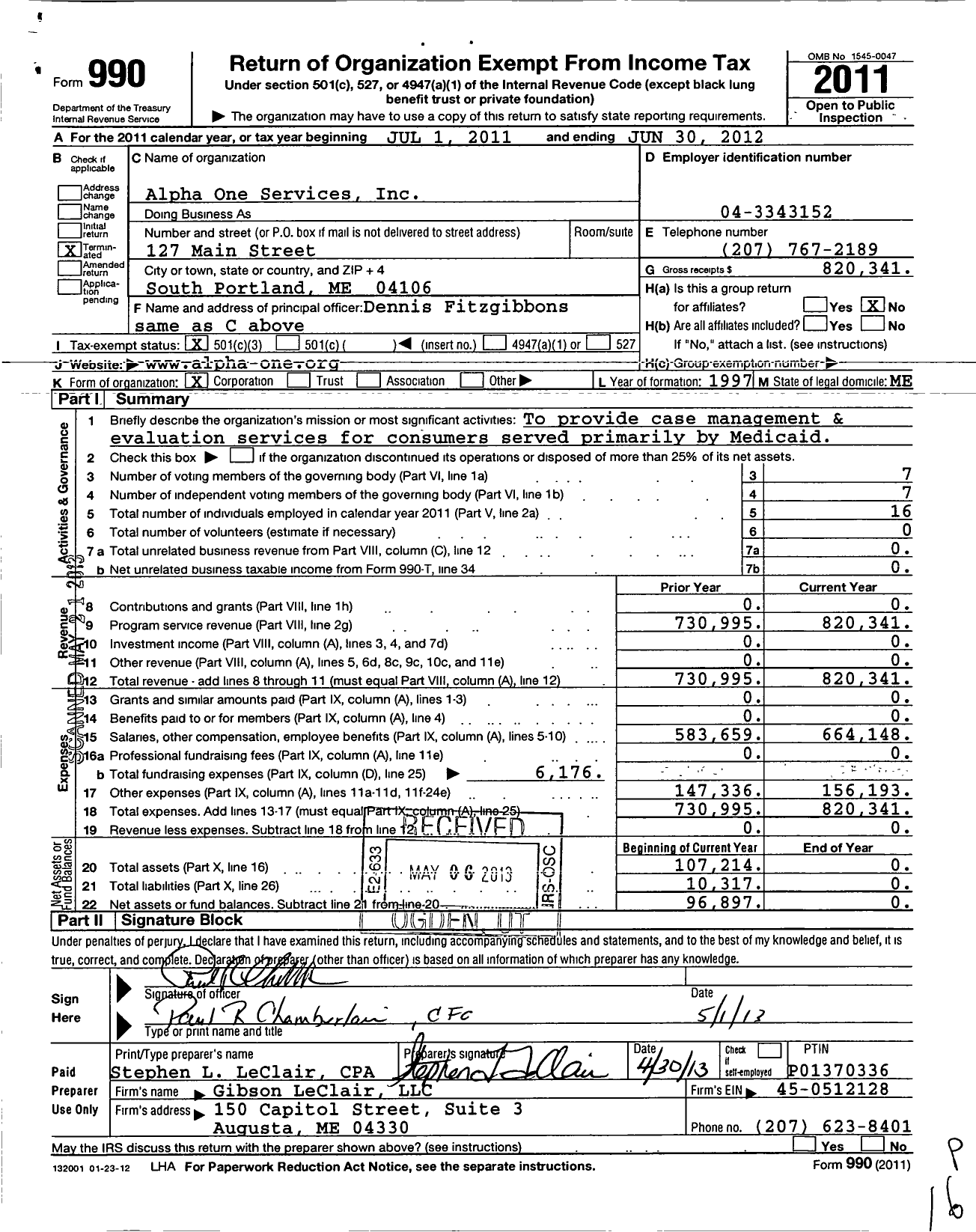 Image of first page of 2011 Form 990 for Alpha One Services