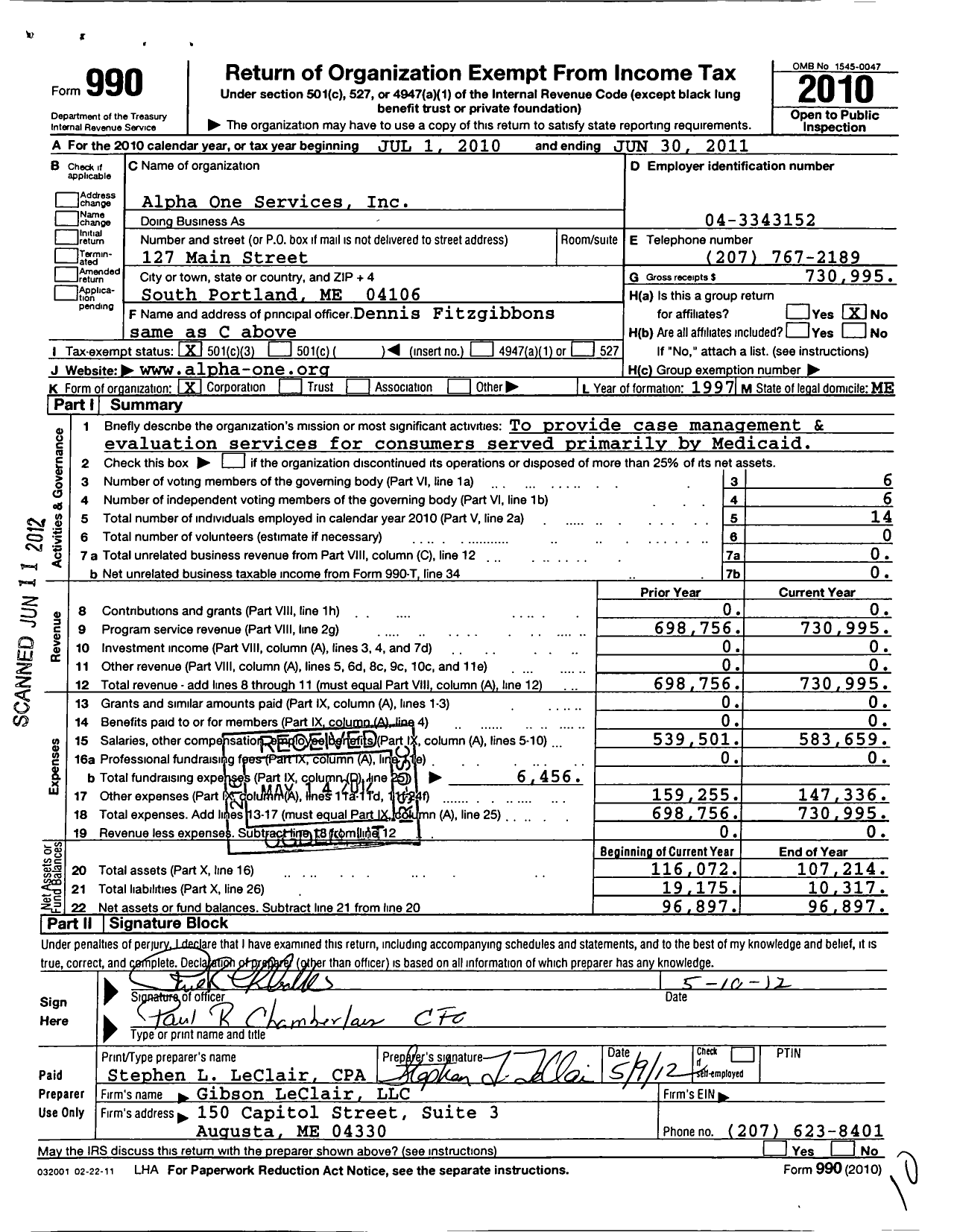 Image of first page of 2010 Form 990 for Alpha One Services