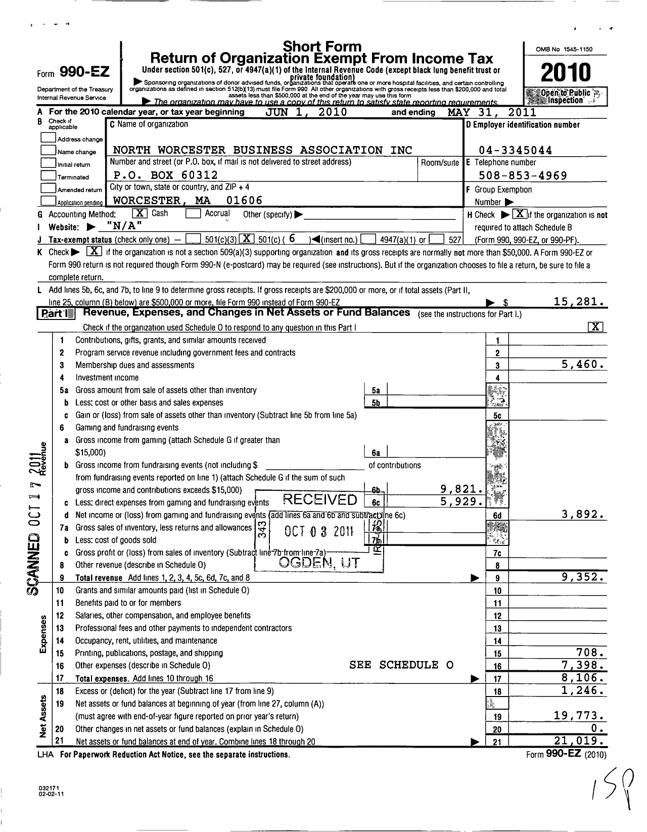 Image of first page of 2010 Form 990EO for North Worcester Business Association