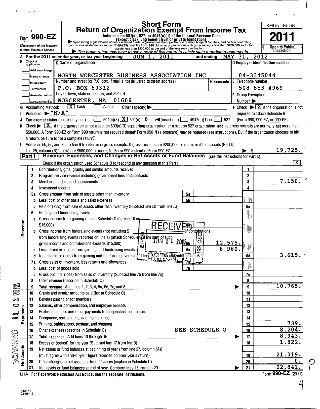 Image of first page of 2011 Form 990EO for North Worcester Business Association