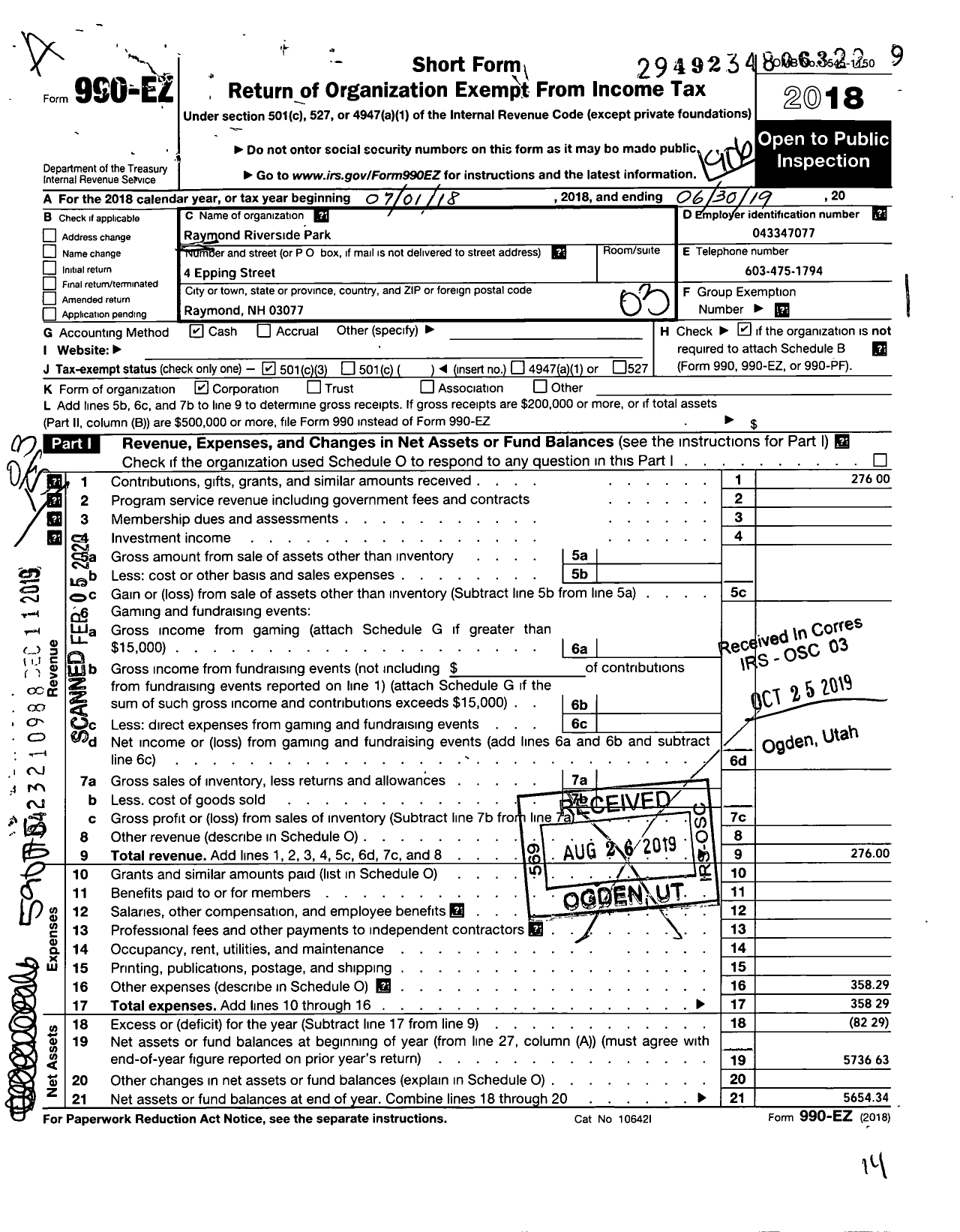 Image of first page of 2018 Form 990EZ for Raymond Riverside Park