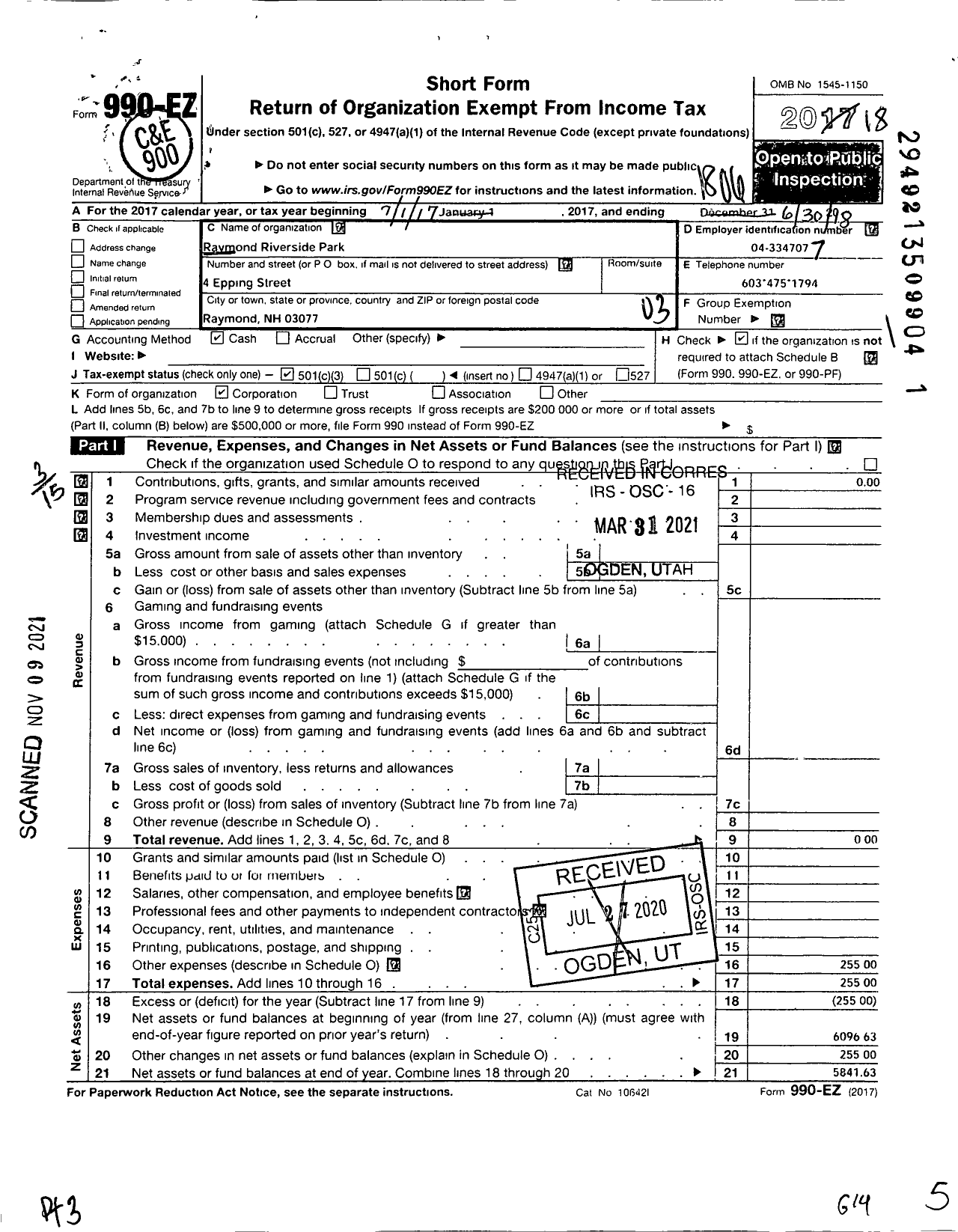 Image of first page of 2017 Form 990EZ for Raymond Riverside Park