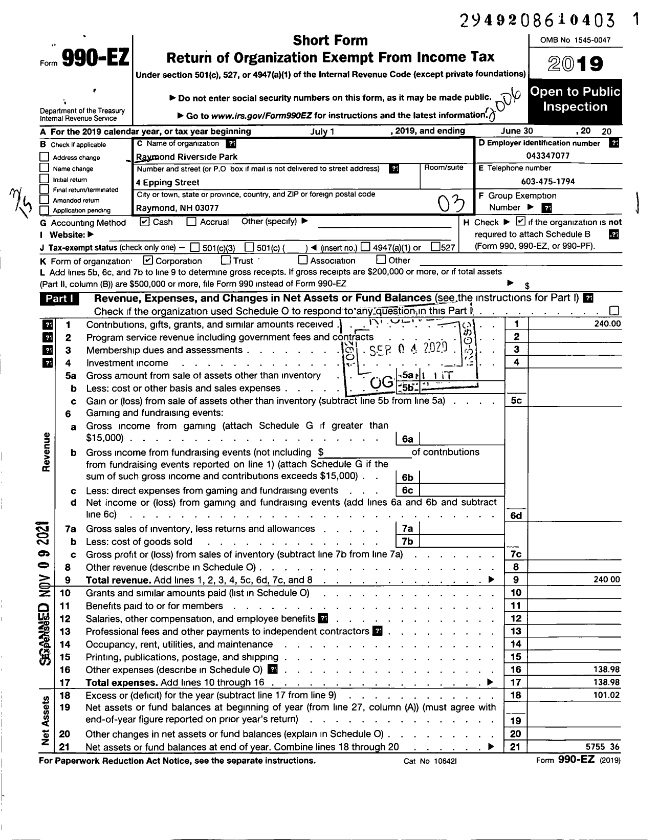 Image of first page of 2019 Form 990EZ for Raymond Riverside Park