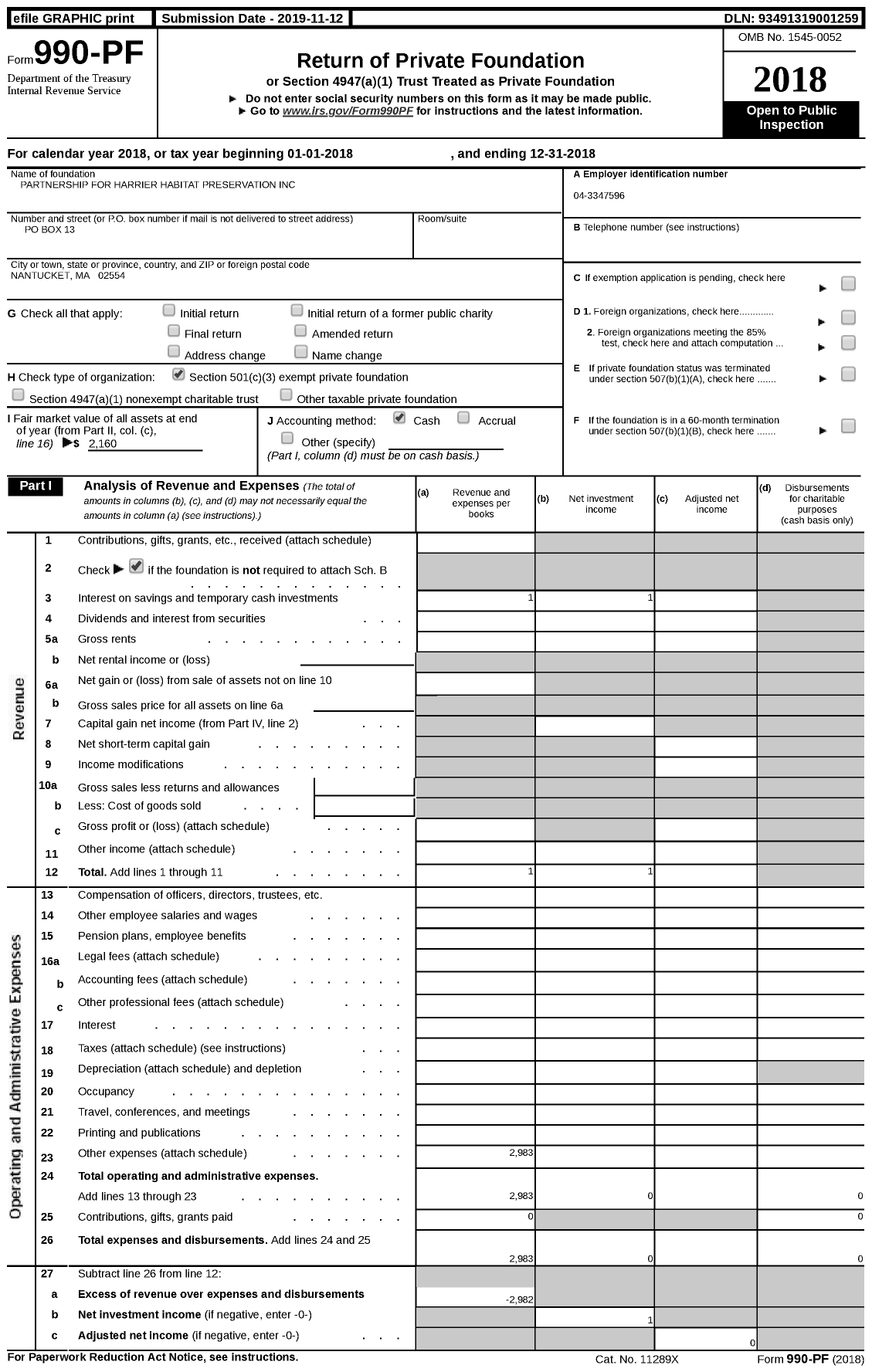 Image of first page of 2018 Form 990PF for Partnership for Harrier Habitat Preservation