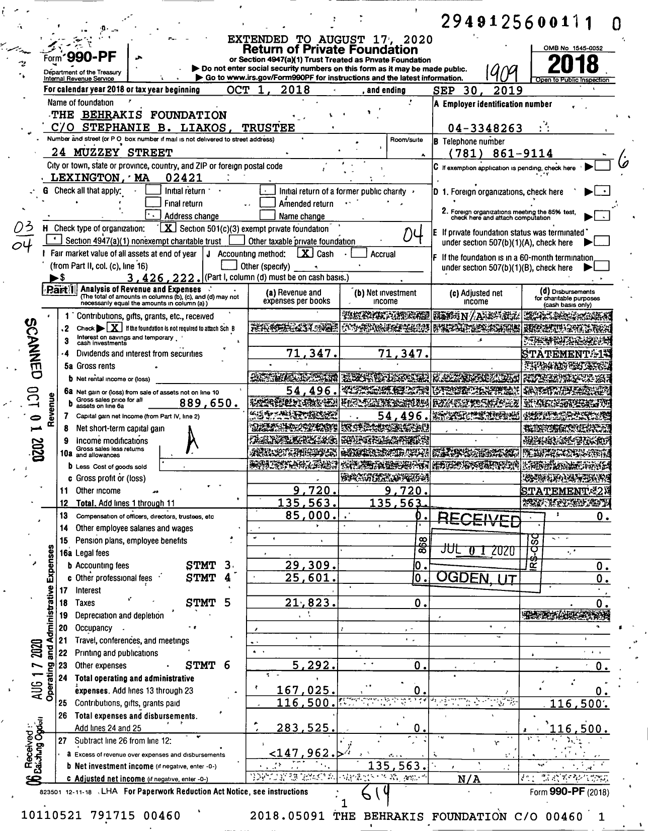 Image of first page of 2018 Form 990PR for The Behrakis Foundation